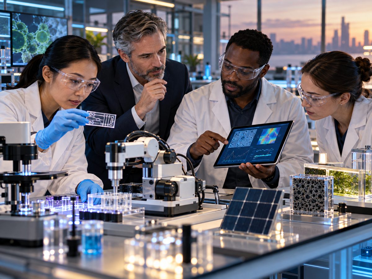 Researchers and adviser examine a prototype and laboratory testing results
