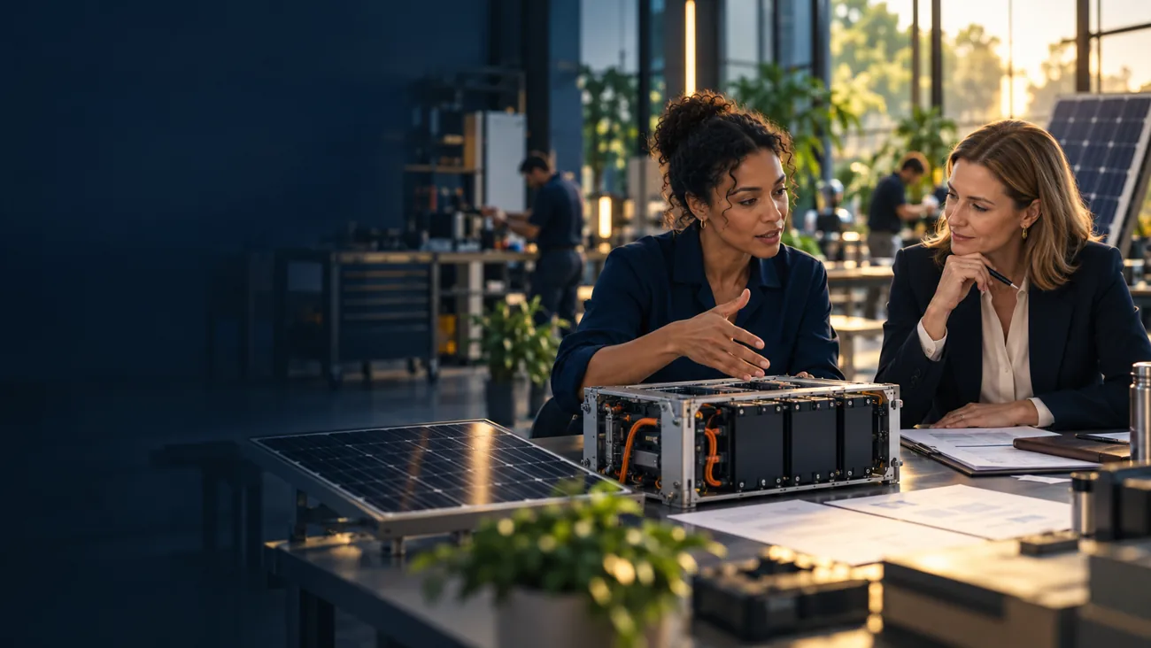 Founder demonstrating a clean technology prototype to a financier