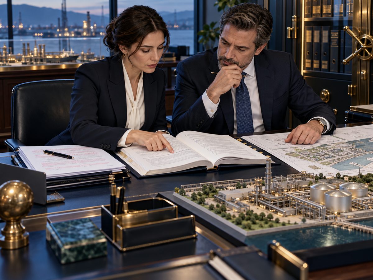 Legal and credit specialists review contract provisions beside a project asset model