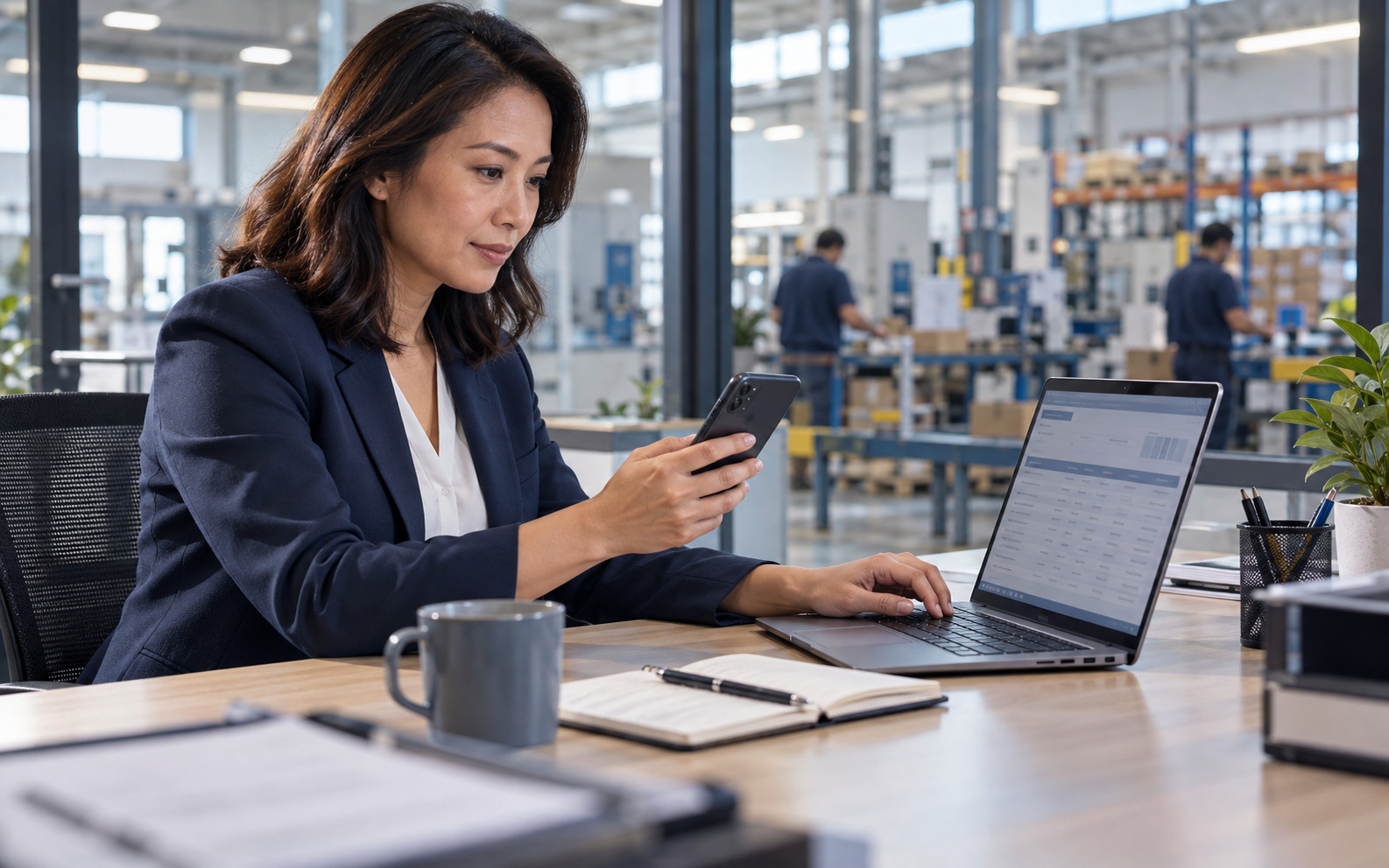 Business owner uses laptop and smartphone to review account activity beside her production floor
