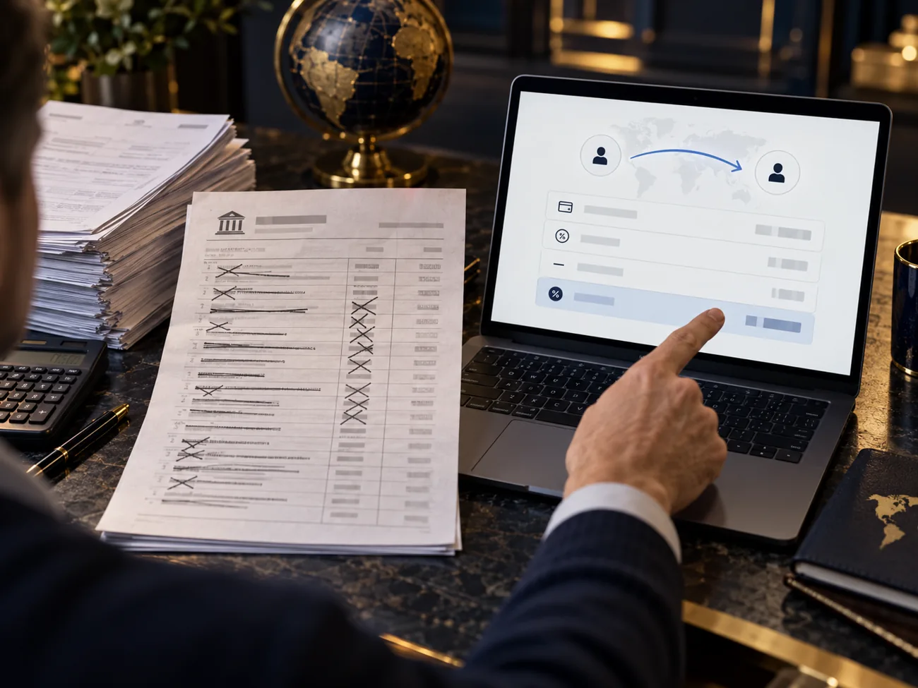 Customer comparing a long traditional bank fee statement with a simpler international transfer summary