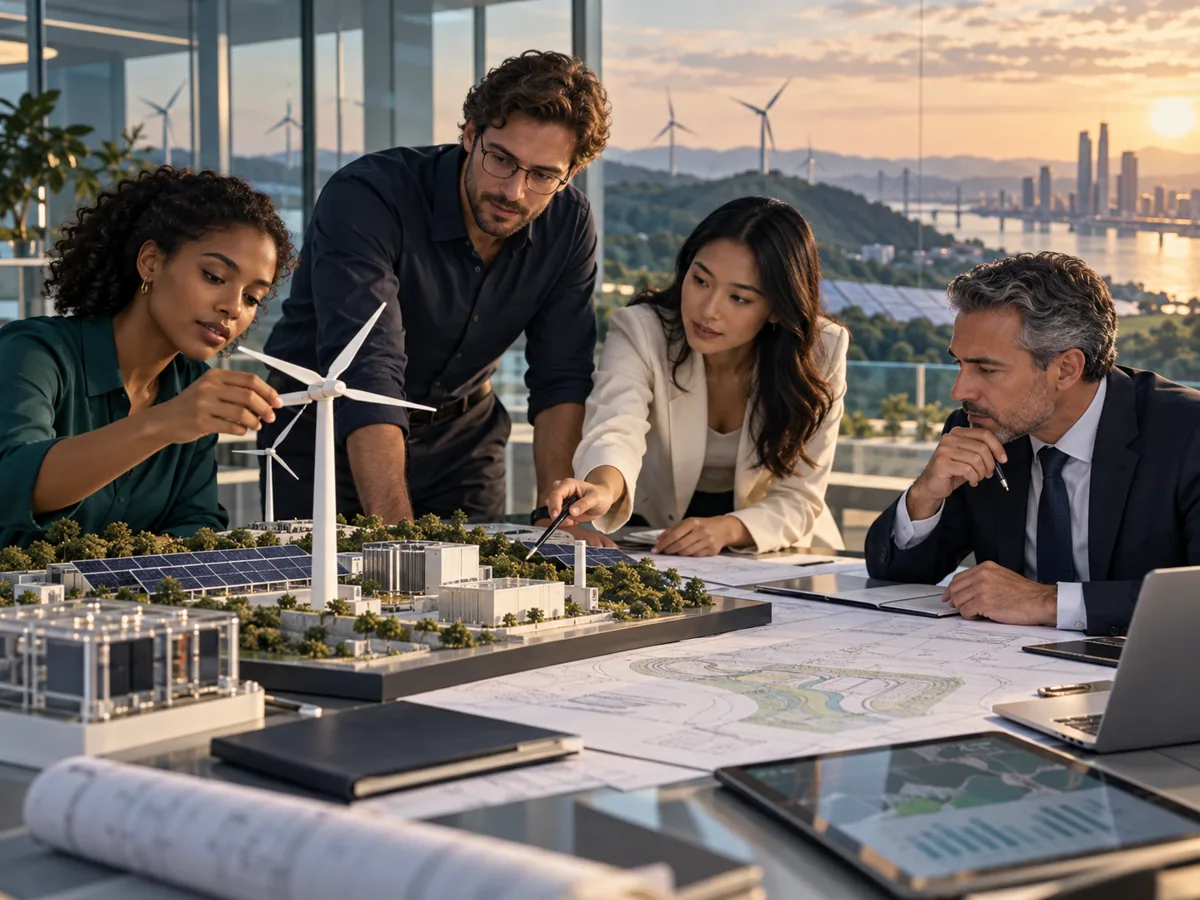 Advisers examining the model and plans for a clean energy project