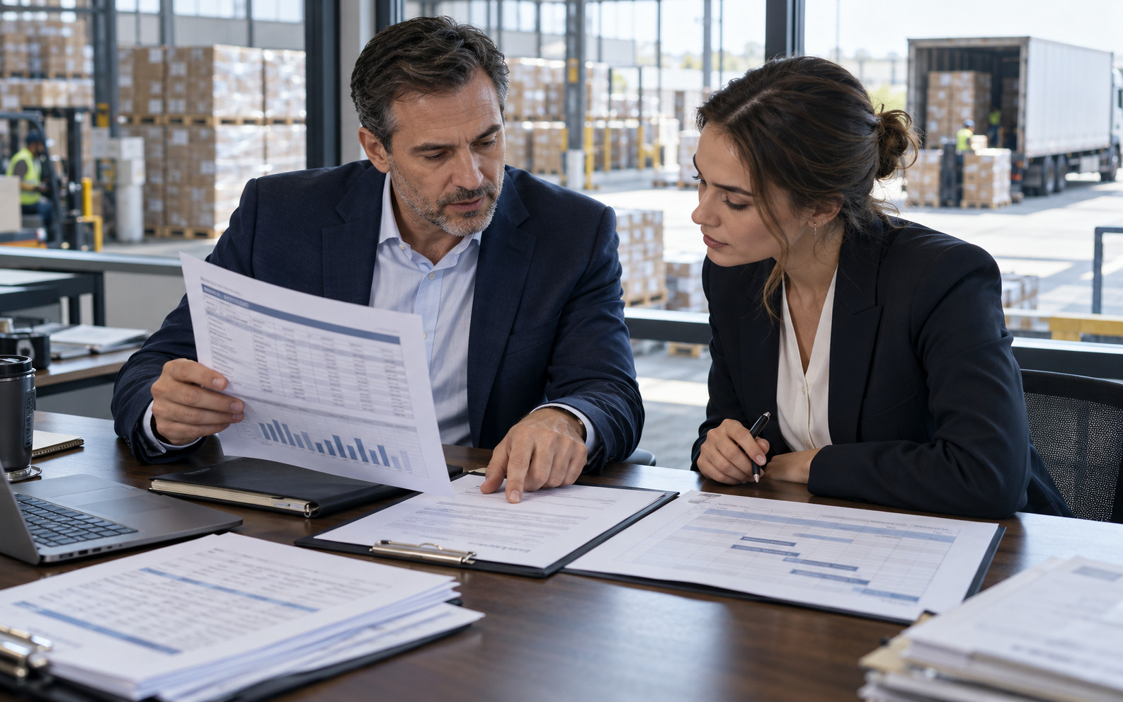 Distribution company managers compare receivables with orders and inventory