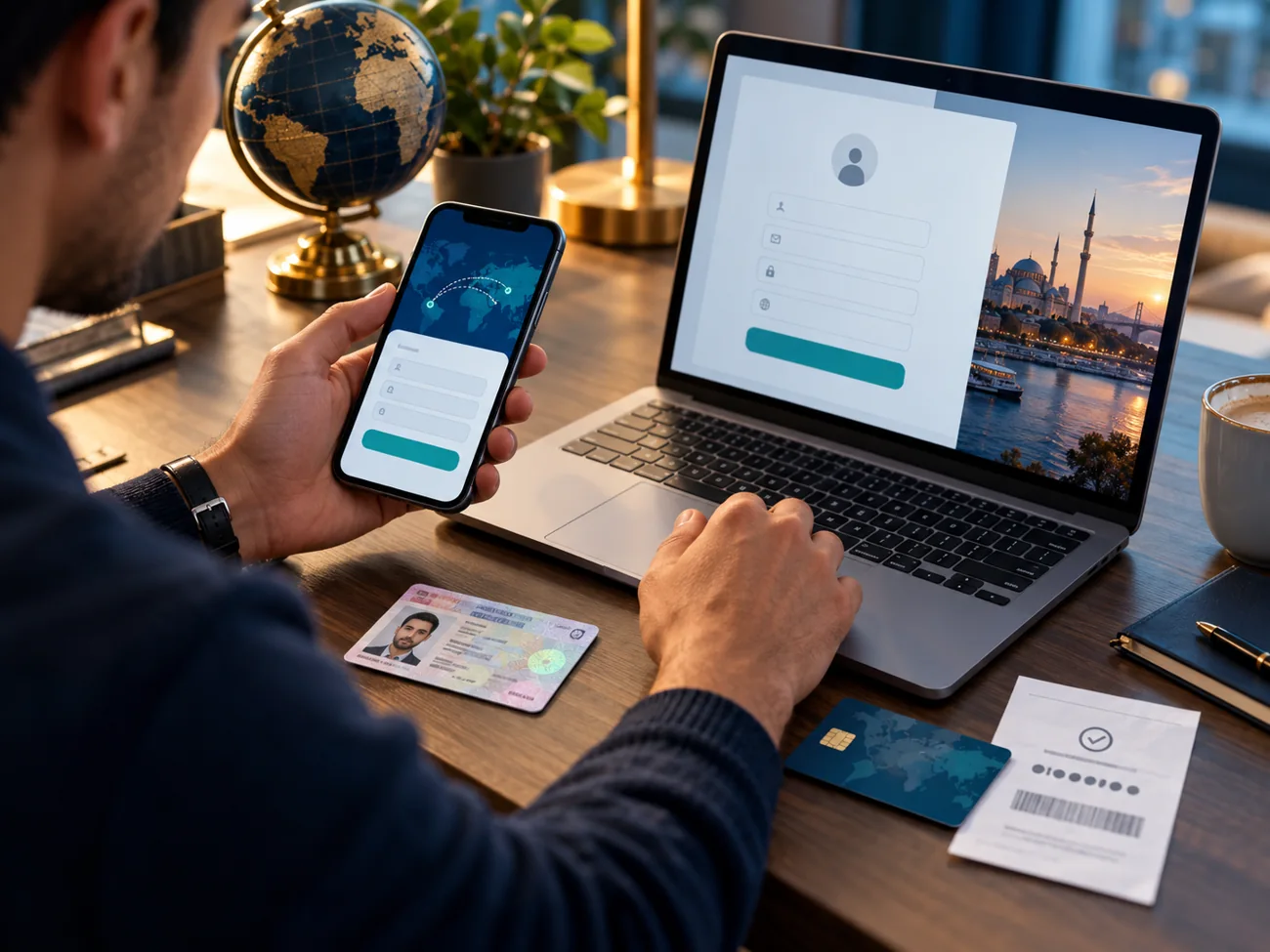 Sender registering online beside an identity document, payment card, and transfer confirmation slip