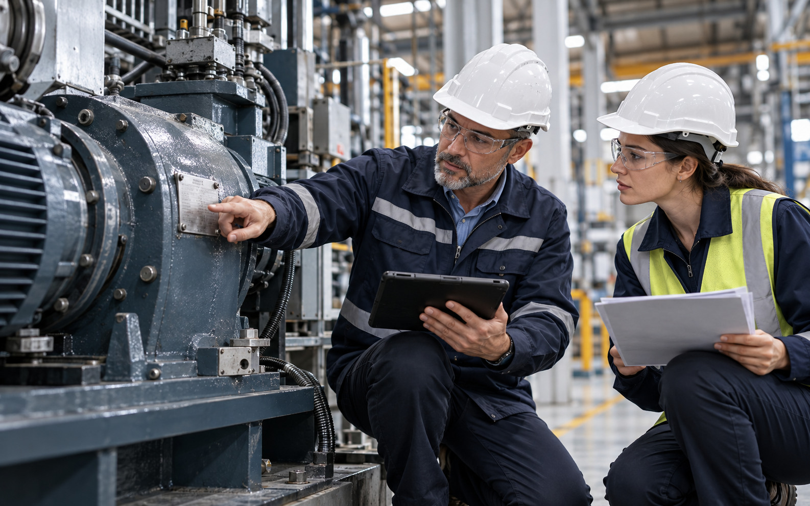 Equipment assessors inspect an industrial machine and its maintenance records