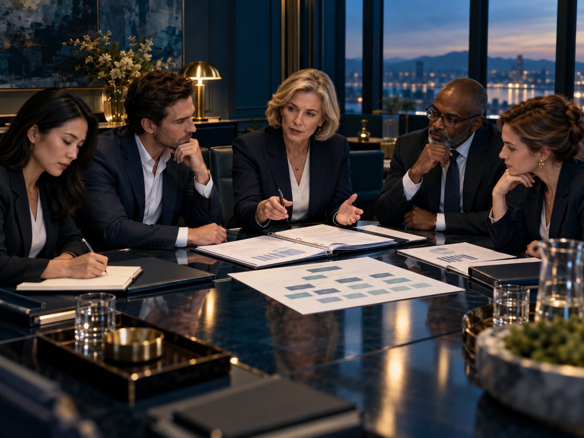 Board members and founder review governance papers, audit materials, and a decision framework