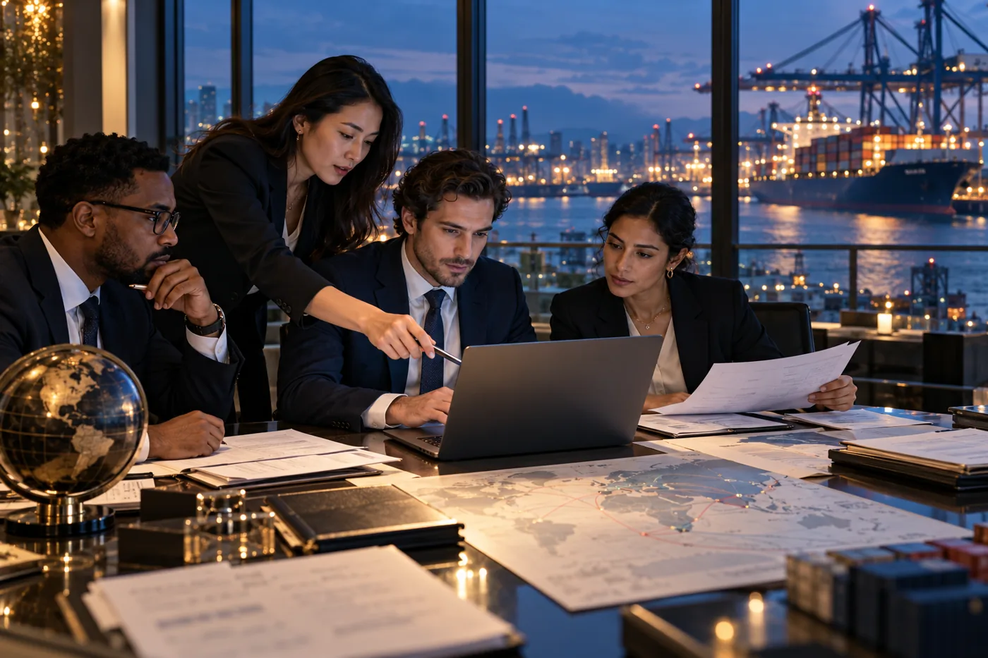 International treasury team coordinating trade documents and cross-border payments beside a shipping port loading=