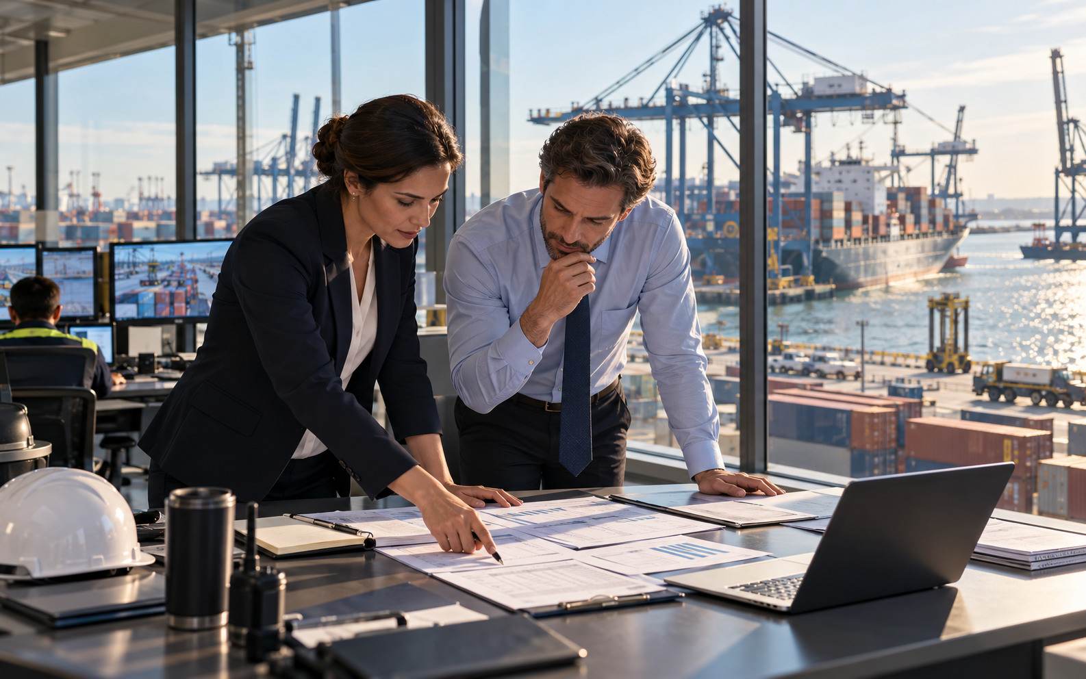 Commercial finance and logistics leads review trade documents with a working container port behind them