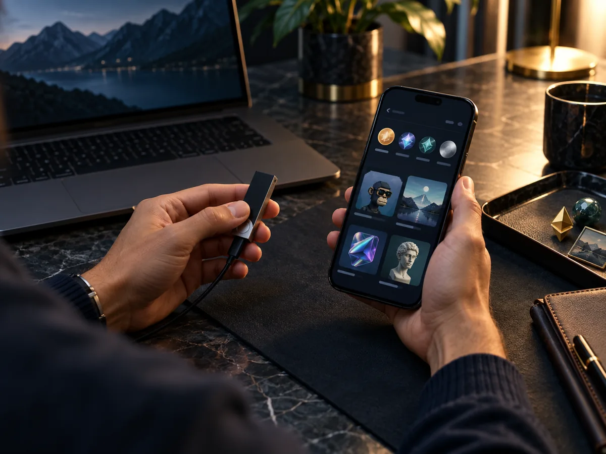 Person holding a hardware wallet beside digital tokens and collectibles on a mobile device