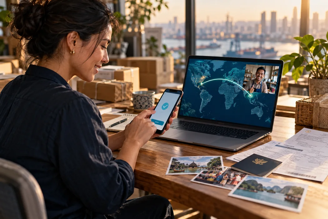 Sender using a phone for an international transfer while connecting with a recipient abroad