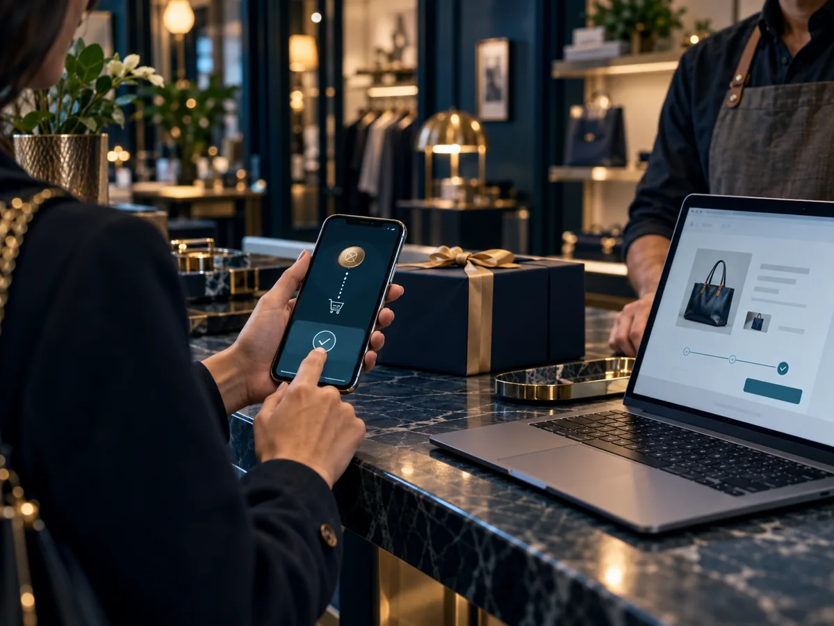 Customer completing a digital asset purchase on a mobile wallet beside an online checkout
