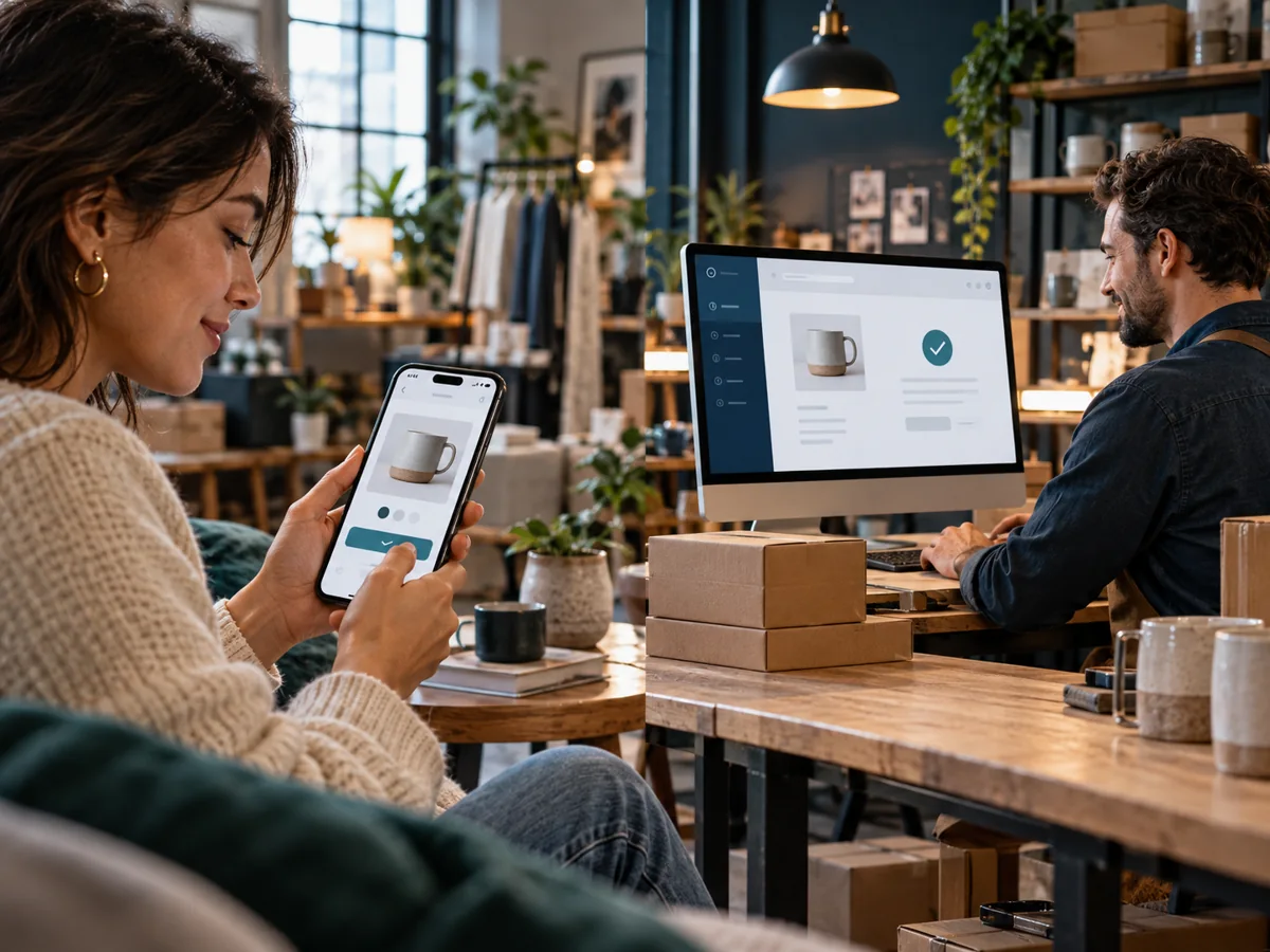 Customer paying on a phone while a merchant reviews the online order on a desktop