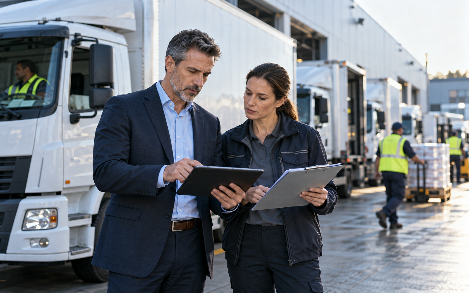 Finance and fleet managers review commercial vehicle records at a working depot