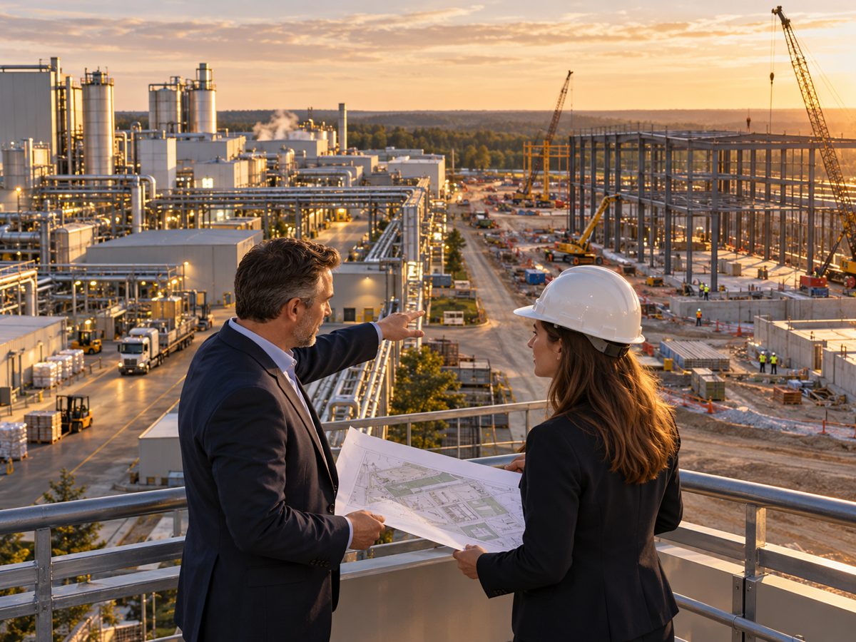 Founder and adviser view an existing operating plant beside a new expansion phase