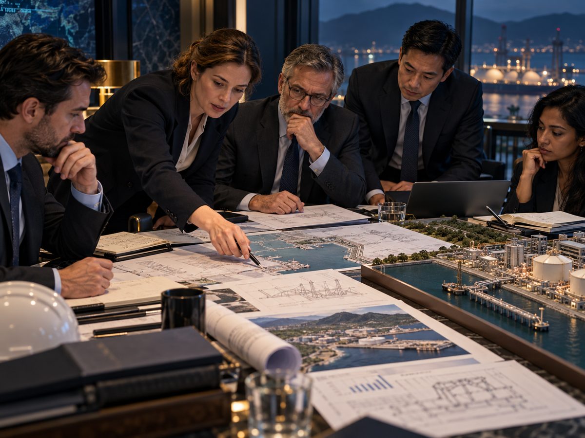 Finance specialists examine project blueprints and physical infrastructure models