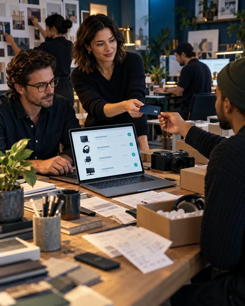 Business owner providing an employee card for approved company purchases