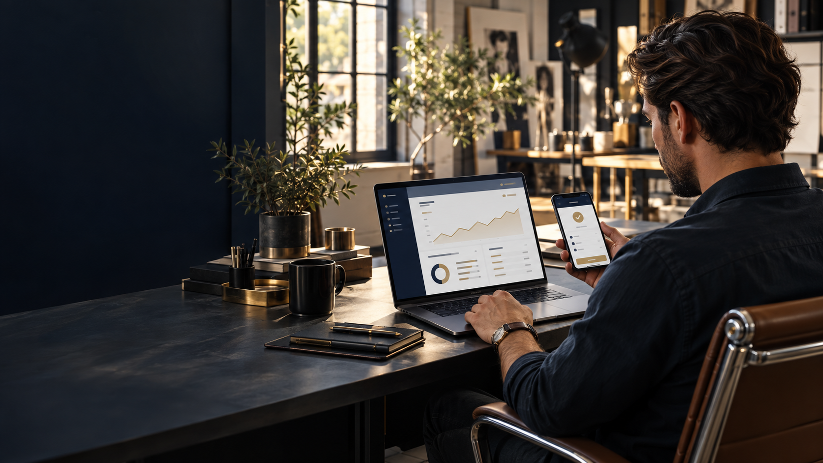 Business owner reviewing accounts and approving a payment on laptop and phone